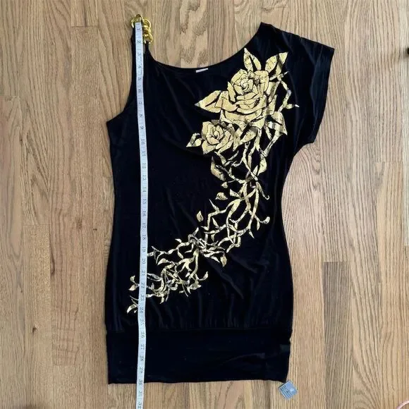 Misopé Black Embellished Asymmetrical Sleeveless Blouse with Gold Rose - Picture 8 of 9
